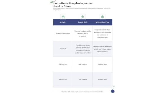 Corrective Action Plan To Prevent Fraud In Future One Pager Sample Example Document