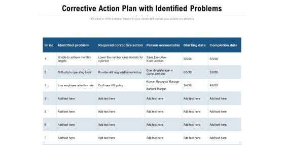 Corrective Action Plan With Identified Problems Ppt PowerPoint Presentation Layouts Design Inspiration PDF