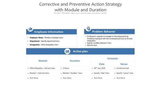 Corrective And Preventive Action Strategy With Module And Duration Ppt PowerPoint Presentation Outline Background Designs PDF