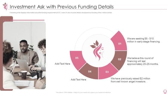 Cosmetics And Personal Care Venture Startup Investment Ask With Previous Funding Details Designs PDF