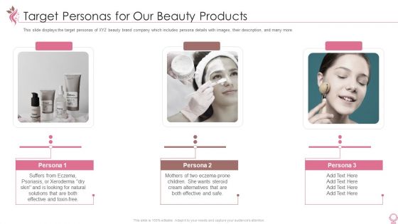 Cosmetics And Personal Care Venture Startup Target Personas For Our Beauty Products Template PDF