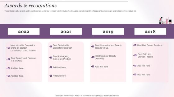 Cosmetics And Skin Care Company Profile Awards And Recognitions Ppt Show Influencers PDF Cosmetics And Skin Care Company Profile Awards And Recognitions Ppt Show Influencers PDF
