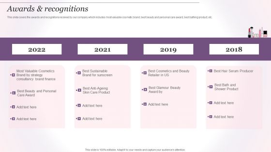 Cosmetics And Skin Care Company Profile Awards And Recognitions Ppt Show Influencers PDF