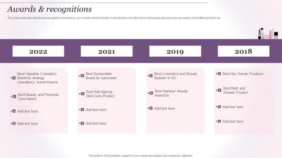 Cosmetics And Skin Care Company Profile Awards And Recognitions Sample PDF