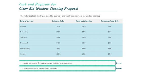 Cost And Payment For Clean Bid Window Cleaning Proposal Ppt Model Icon PDF