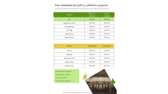 Cost Estimation For Gallery Exhibition Proposal One Pager Sample Example Document