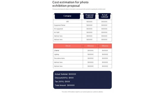 Cost Estimation For Photo Exhibition Proposal One Pager Sample Example Document