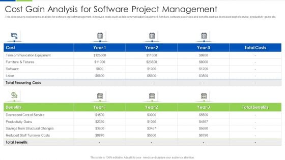 Cost Gain Analysis For Software Project Management Ppt PowerPoint Presentation File Visual Aids PDF