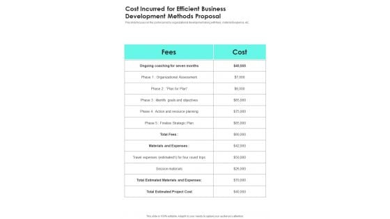 Cost Incurred For Efficient Business Development Methods Proposal One Pager Sample Example Document
