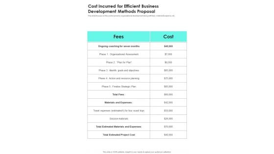 Cost Incurred For Efficient Business Development Methods Proposal One Pager Sample Example Document Cost Incurred For Efficient Business Development Methods Proposal One Pager Sample Example Document