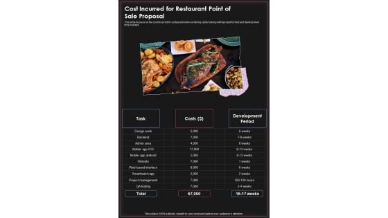 Cost Incurred For Restaurant Point Of Sale Proposal One Pager Sample Example Document