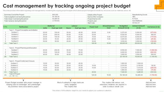 Cost Management By Tracking Ongoing Project Budget Elements PDF