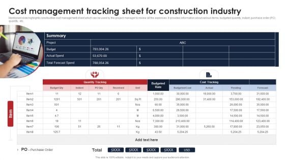 Cost Management Tracking Sheet For Construction Industry Ppt Summary Themes PDF