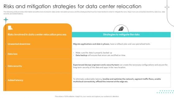 Cost Saving Benefits Of Implementing Data Center Risks And Mitigation Strategies For Data Center Relocation Brochure PDF