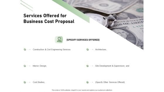 Cost Savings To A Company Services Offered For Business Cost Proposal Formats PDF