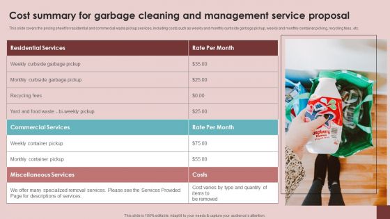 Cost Summary For Garbage Cleaning And Management Service Proposal Microsoft PDF