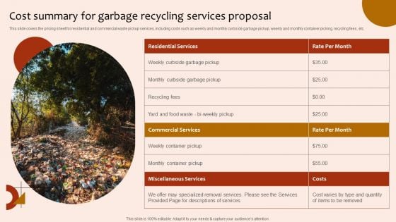 Cost Summary For Garbage Recycling Services Proposal Clipart PDF