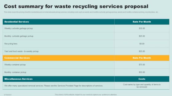 Cost Summary For Waste Recycling Services Proposal Ppt Outline Graphics Example PDF