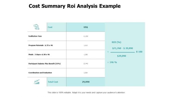 Cost Summary ROI Analysis Example Ppt PowerPoint Presentation Inspiration Icons