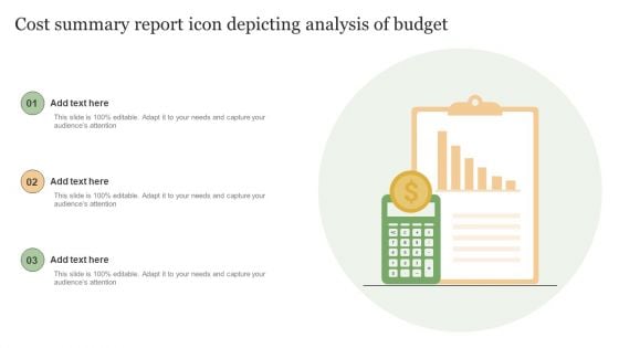 Cost Summary Report Icon Depicting Analysis Of Budget Microsoft PDF