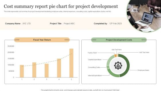 Cost Summary Report Pie Chart For Project Development Infographics PDF