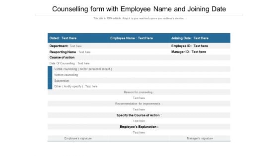 Counselling Form With Employee Name And Joining Date Ppt PowerPoint Presentation Outline Tips PDF Counselling Form With Employee Name And Joining Date Ppt PowerPoint Presentation Outline Tips PDF