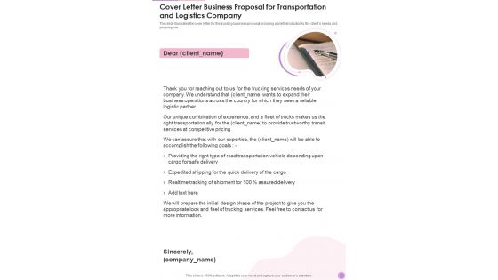 Cover Letter Business Proposal For Transportation And Logistics Company One Pager Sample Example Document Cover Letter Business Proposal For Transportation And Logistics Company One Pager Sample Example Document