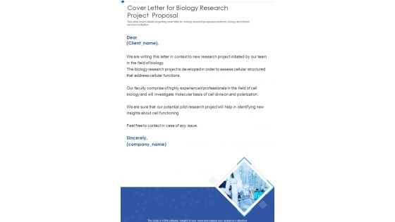 Cover Letter For Biology Research Project Proposal One Pager Sample Example Document