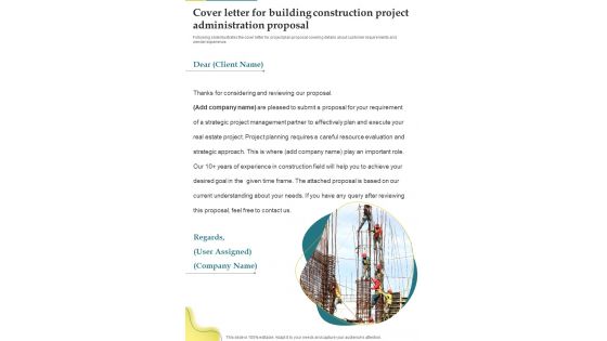 Cover Letter For Building Construction Project Administration Proposal One Pager Sample Example Document