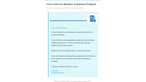Cover Letter For Business Acquisition Proposal One Pager Sample Example Document Cover Letter For Business Acquisition Proposal One Pager Sample Example Document