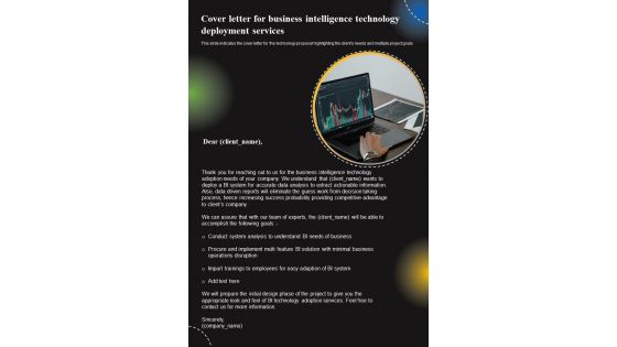 Cover Letter For Business Intelligence Technology Deployment Services One Pager Sample Example Document