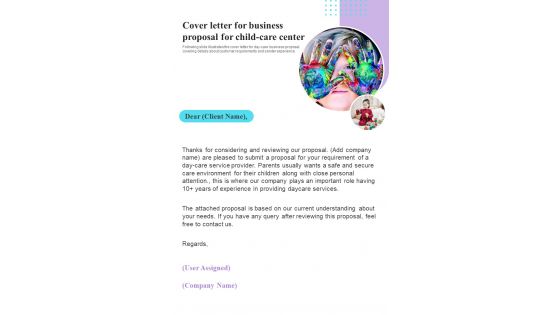 Cover Letter For Business Proposal For Child Care Center One Pager Sample Example Document