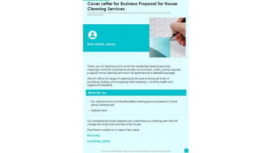 Cover Letter For Business Proposal For House Cleaning Services One Pager Sample Example Document Cover Letter For Business Proposal For House Cleaning Services One Pager Sample Example Document