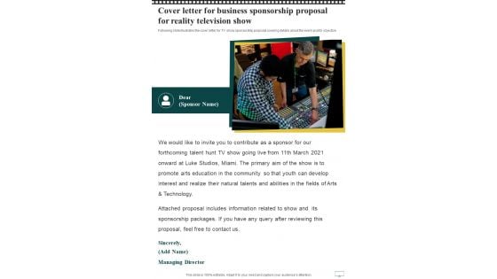 Cover Letter For Business Sponsorship Proposal For Reality Television Show One Pager Sample Example Document Cover Letter For Business Sponsorship Proposal For Reality Television Show One Pager Sample Example Document