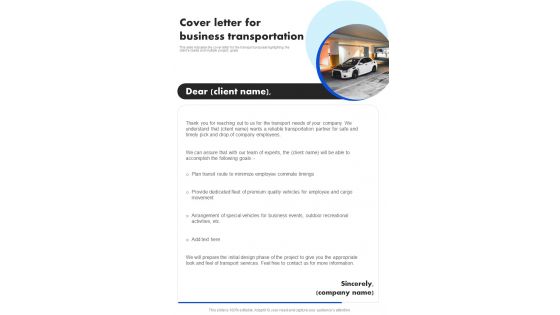 Cover Letter For Business Transportation One Pager Sample Example Document Cover Letter For Business Transportation One Pager Sample Example Document