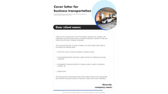 Cover Letter For Business Transportation One Pager Sample Example Document