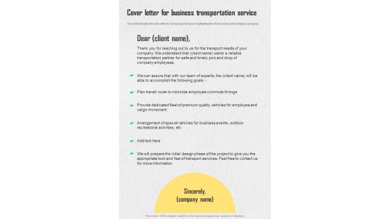 Cover Letter For Business Transportation Service One Pager Sample Example Document