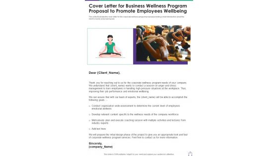 Cover Letter For Business Wellness Program Proposal To Promote One Pager Sample Example Document