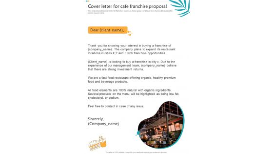 Cover Letter For Cafe Franchise Proposal One Pager Sample Example Document Cover Letter For Cafe Franchise Proposal One Pager Sample Example Document