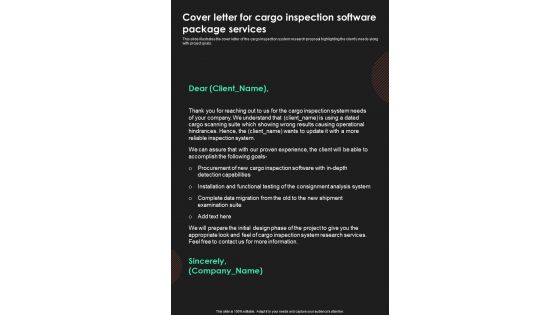 Cover Letter For Cargo Inspection Software Package Services One Pager Sample Example Document