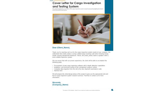 Cover Letter For Cargo Investigation And Testing System One Pager Sample Example Document
