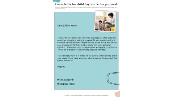 Cover Letter For Child Daycare Center Proposal One Pager Sample Example Document