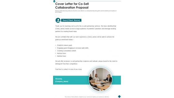 Cover Letter For Co Sell Collaboration Proposal One Pager Sample Example Document