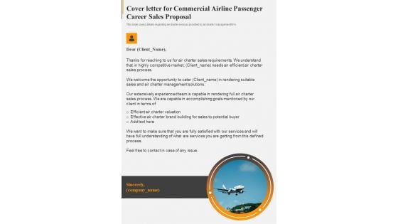 Cover Letter For Commercial Airline Passenger Career Sales Proposal One Pager Sample Example Document Cover Letter For Commercial Airline Passenger Career Sales Proposal One Pager Sample Example Document