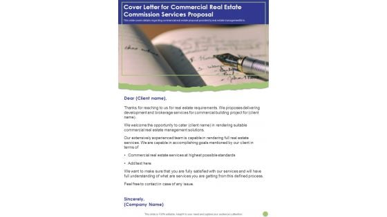 Cover Letter For Commercial Real Estate Commission Services Proposal One Pager Sample Example Document Cover Letter For Commercial Real Estate Commission Services Proposal One Pager Sample Example Document