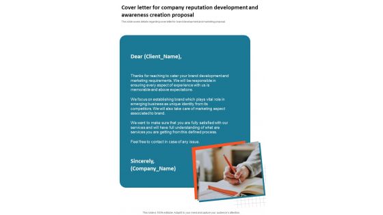 Cover Letter For Company Reputation Development And Awareness Creation One Pager Sample Example Document