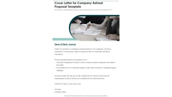 Cover Letter For Company Retreat Proposal Template One Pager Sample Example Document