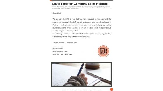 Cover Letter For Company Sales Proposal One Pager Sample Example Document