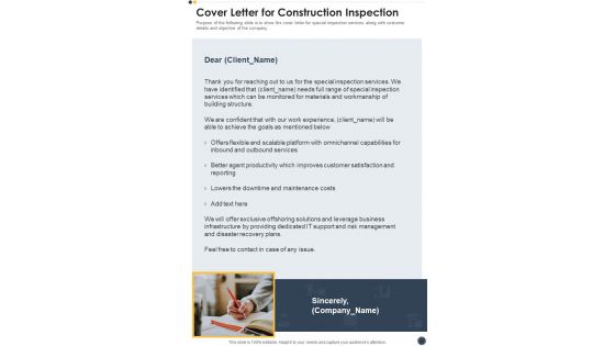 Cover Letter For Construction Inspection One Pager Sample Example Document