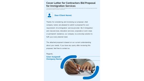 Cover Letter For Contractors Bid Proposal For Immigration Services One Pager Sample Example Document